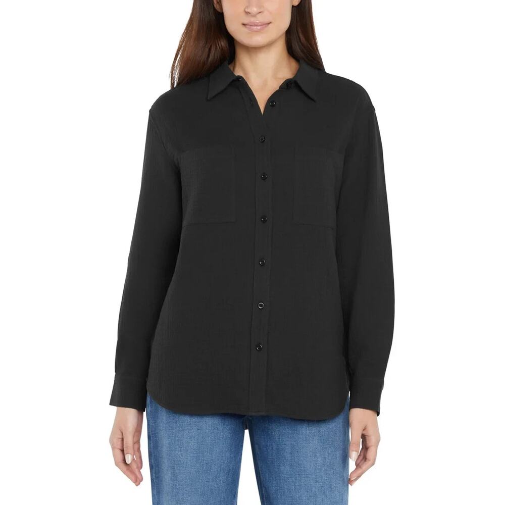 Gap OVERSIZED Gauze 100% Cotton Button Front Long Sleeve Shirt Top Black XL